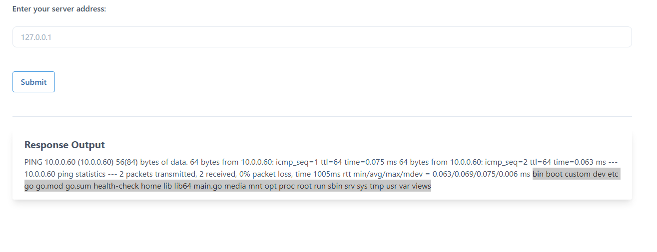 Command injection confirmado com ls -la